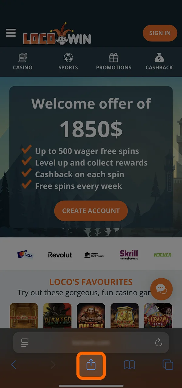 Klik op het share icoon om door te gaan met de installatie van de LocoWin snelkoppeling op je apparaat.