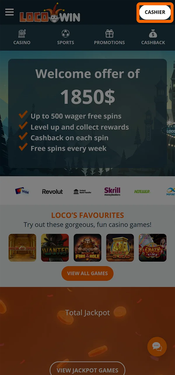 Gå till LocoWin Casino insättningsavdelning.